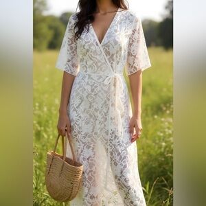 Bohemian White Lace Swimsuit Kimono Beach Dress Coverup
